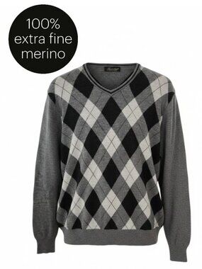 GARRET SCOTT 100% extra-fine merino wool argyle v-neck sweater small